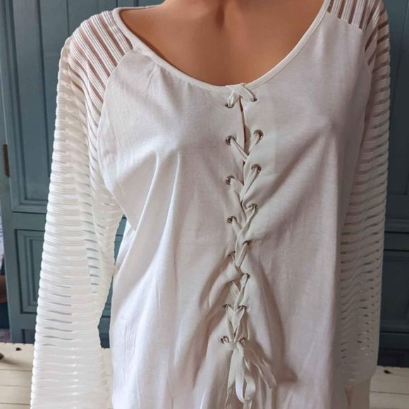 Women's White Lace Up Front Long Sleeve Top/Shirt Large - Picture 1 of 2